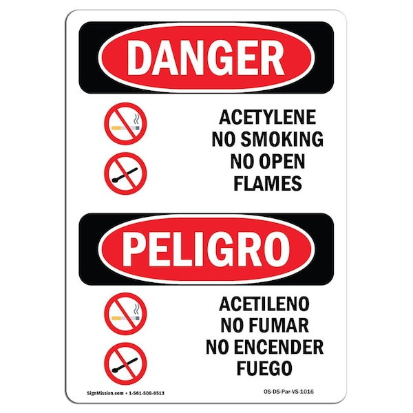 Safety Sign, OSHA, 24" Height, Aluminum, Acetylene No Smoking No Open Flame Spanish